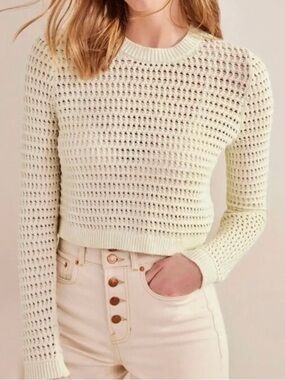 BODEN Cropped Crochet Cotton Jumper Sweater Boxy Open Knit in Warm Ivory Size M